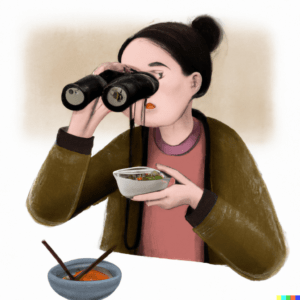 A person eating a Chinese meal while birdwatching.